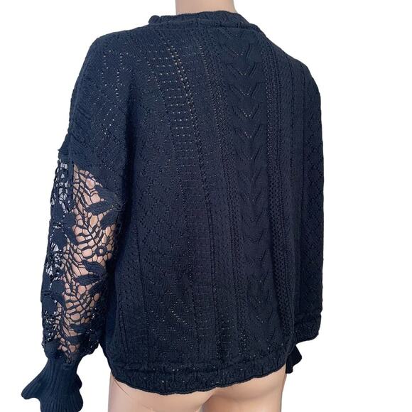 Fashion delicate crochet flower loose black sweater puff sleeve flared SZ XL - Picture 3 of 14